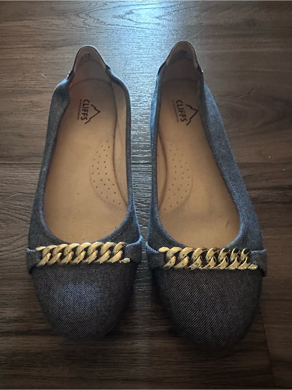 Cliffs by White Mountain Navy Denim Flats with Gold Chain Accent